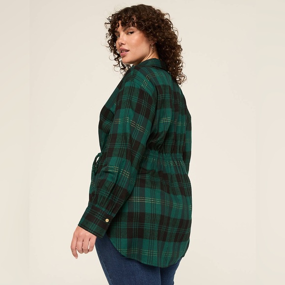 Lane Bryant Plaid Tie-Waist Button Down Tunic Top Green Gold Shimmer 22/24 Soft - Picture 13 of 16